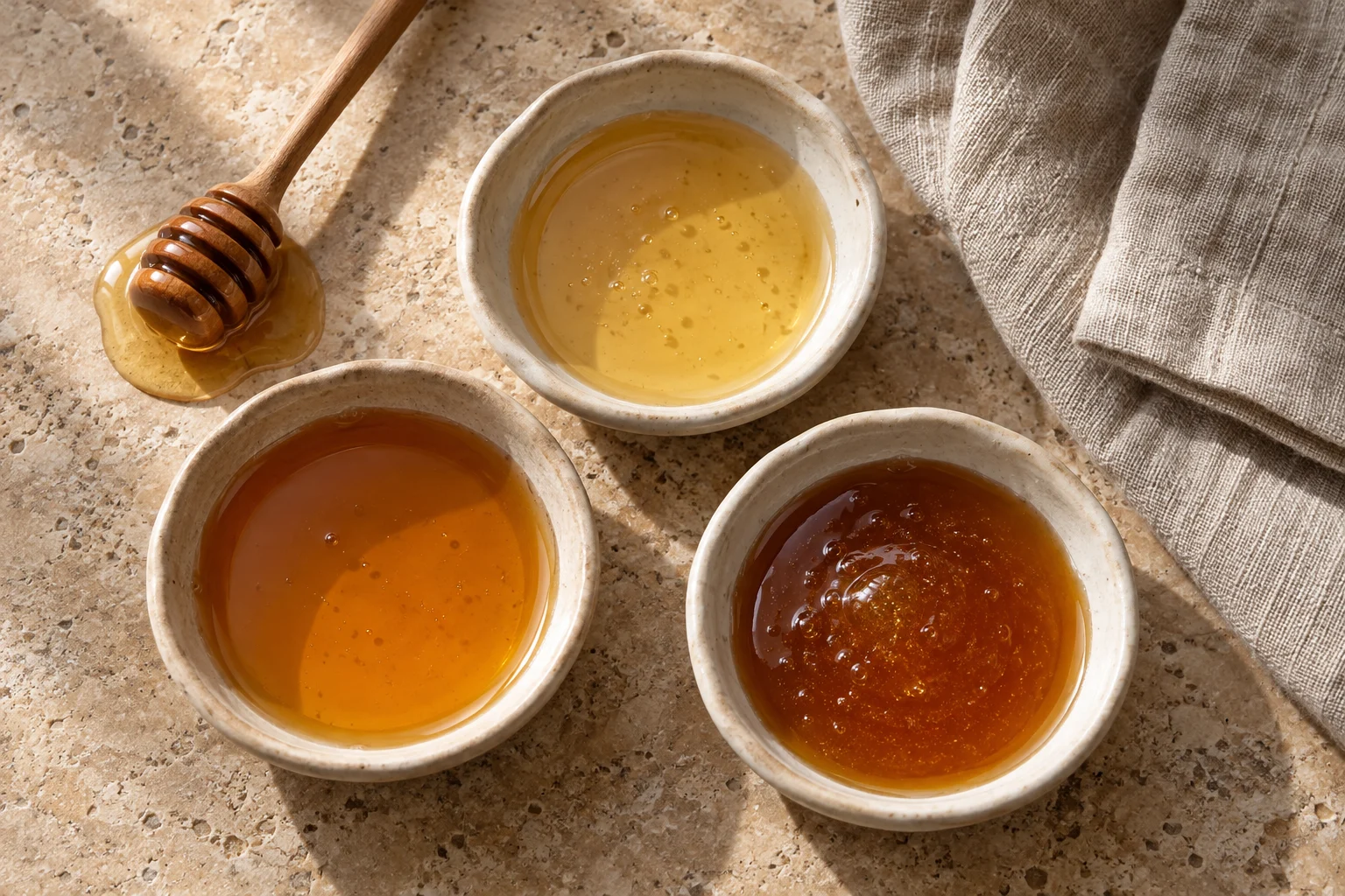 Three dishes of honey in different amber shades on a stone surface