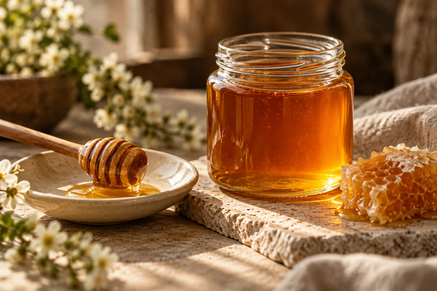 Amber honey in an unlabeled glass jar beside a wooden dipper and honeycomb