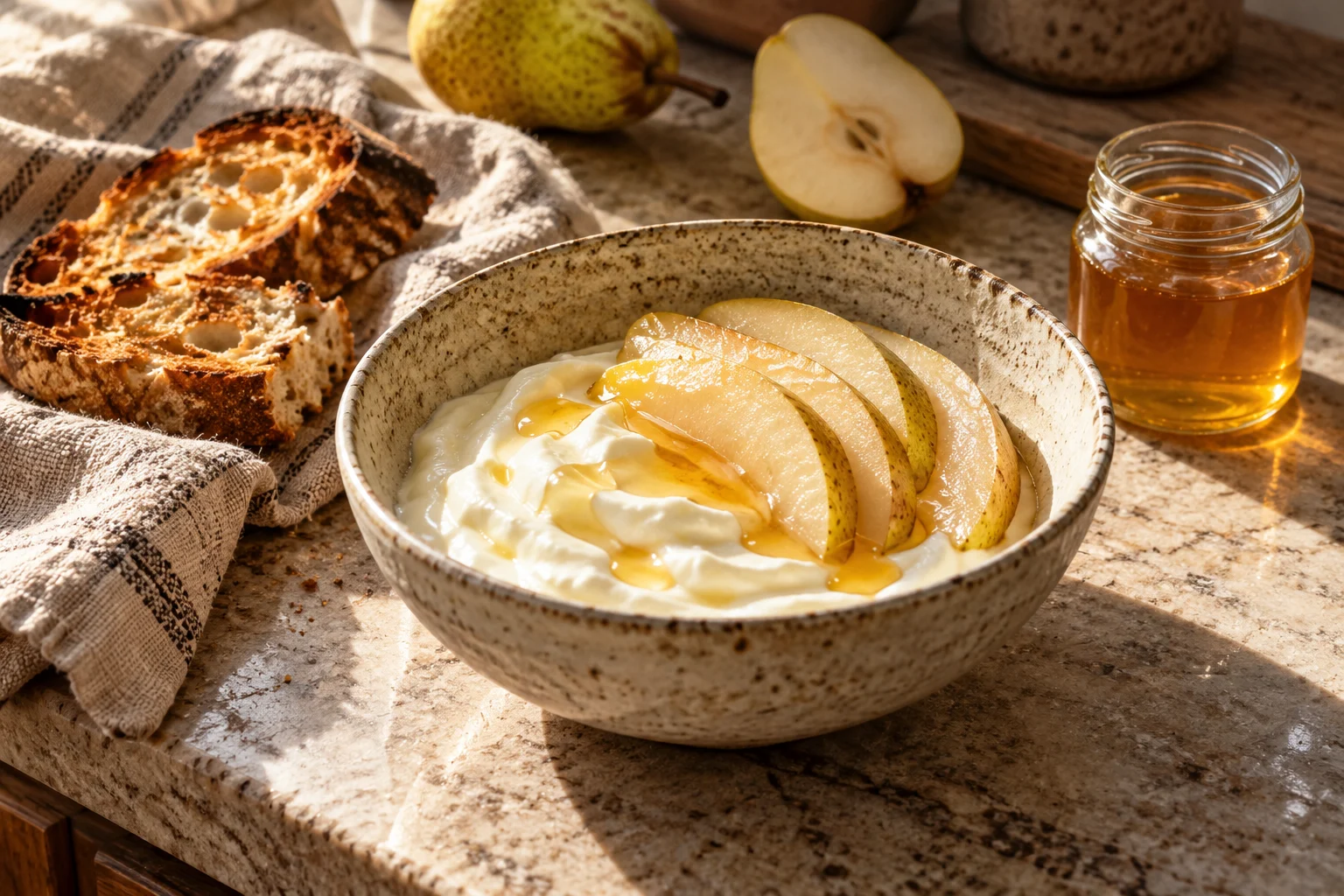 Honey served with yogurt, pear slices and toasted bread