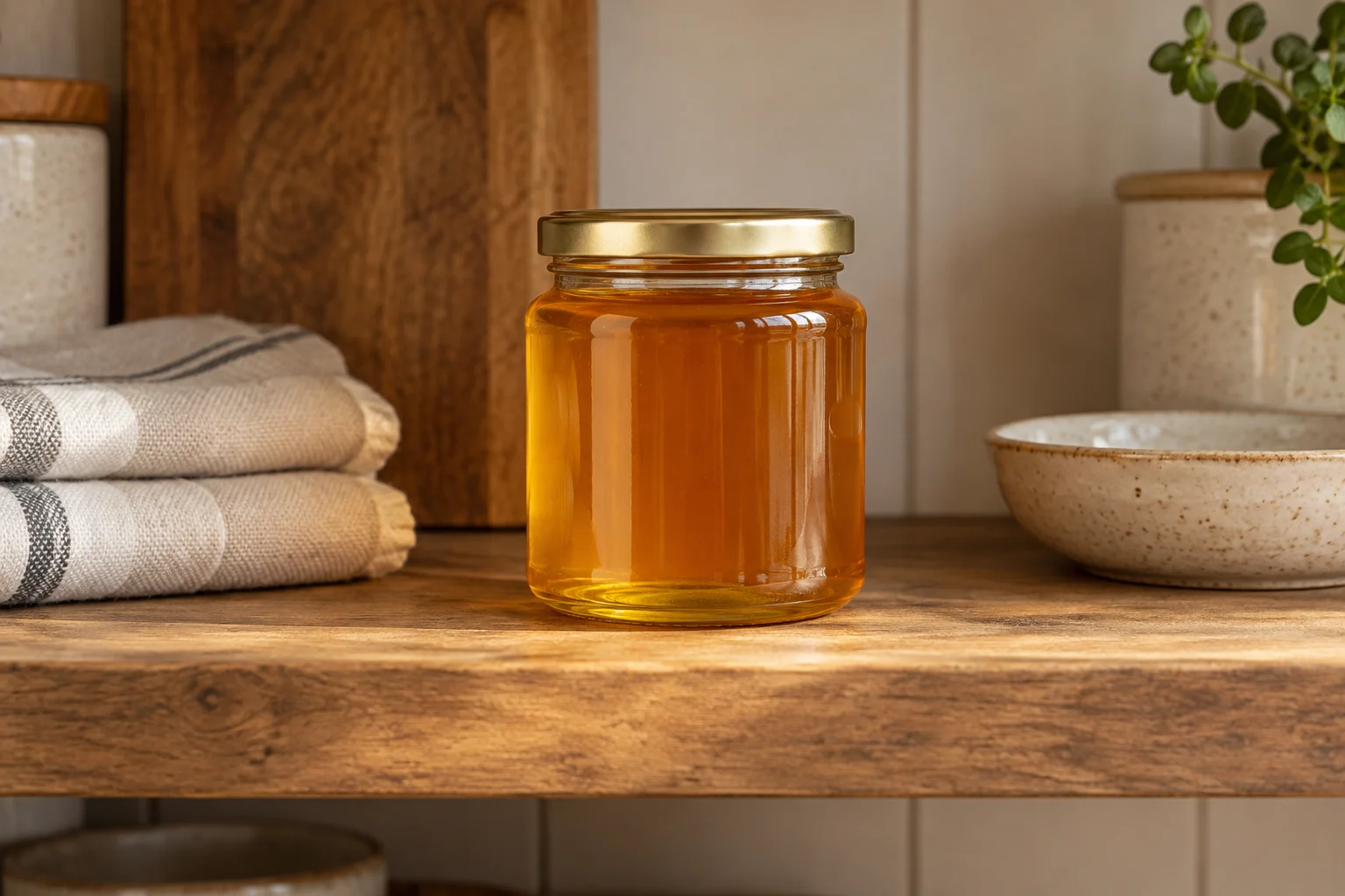 A sealed plain honey jar on a shaded wooden pantry shelf